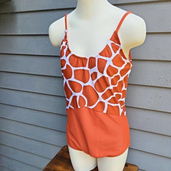 Coral Reef One Piece Swim Suit Open Back Giraffe Rust Print size Large 12/14 - Picture 9 of 10
